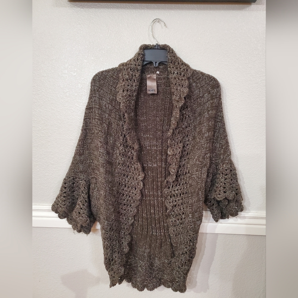 MAK Open Knit Cocoon Cardigan Sweater Brown‎ Scalloped Trim Size S/M